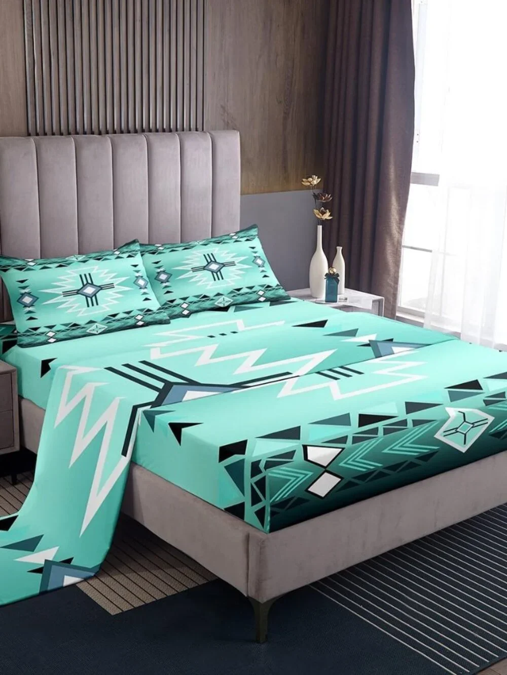 Bright Green Aztec Tribal Arrow Bed Sheet Twin Size,Southwest Fitted Sheet Rusti